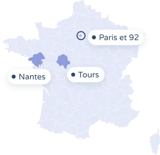Carte des zones desservies : Paris et les Hauts-de-Seine, Tours et Nantes