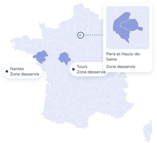 Carte des zones desservies : Paris et les Hauts-de-Seine, Tours et Nantes