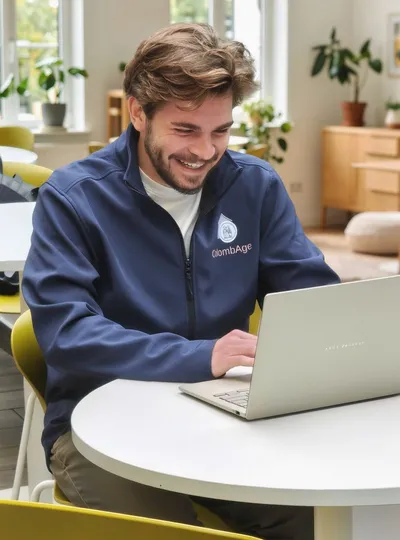 Gabriel, responsable d’agences ColombAge, à son ordinateur