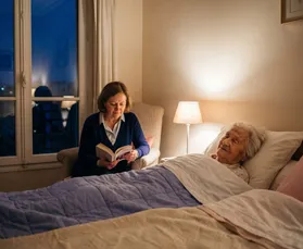 Une auxiliaire de vie lit au chevet d’une personne âgée, la nuit
