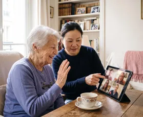 Un intervenant montre une tablette à une personne âgée