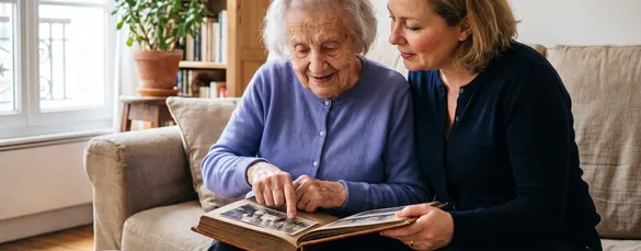 Une femme feuillette un album photo avec une dame âgée, assises côte à côte sur un canapé