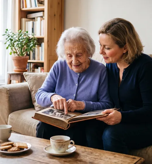 Une femme feuillette un album photo avec une dame âgée, assises côte à côte sur un canapé