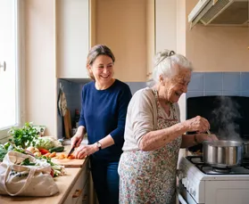 Une auxiliaire de vie fait les courses avec une personne âgée