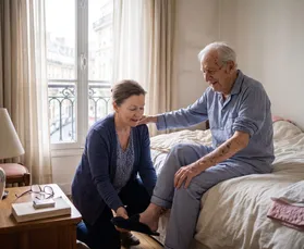 Une auxiliaire de vie aide une personne âgée à se lever de son lit