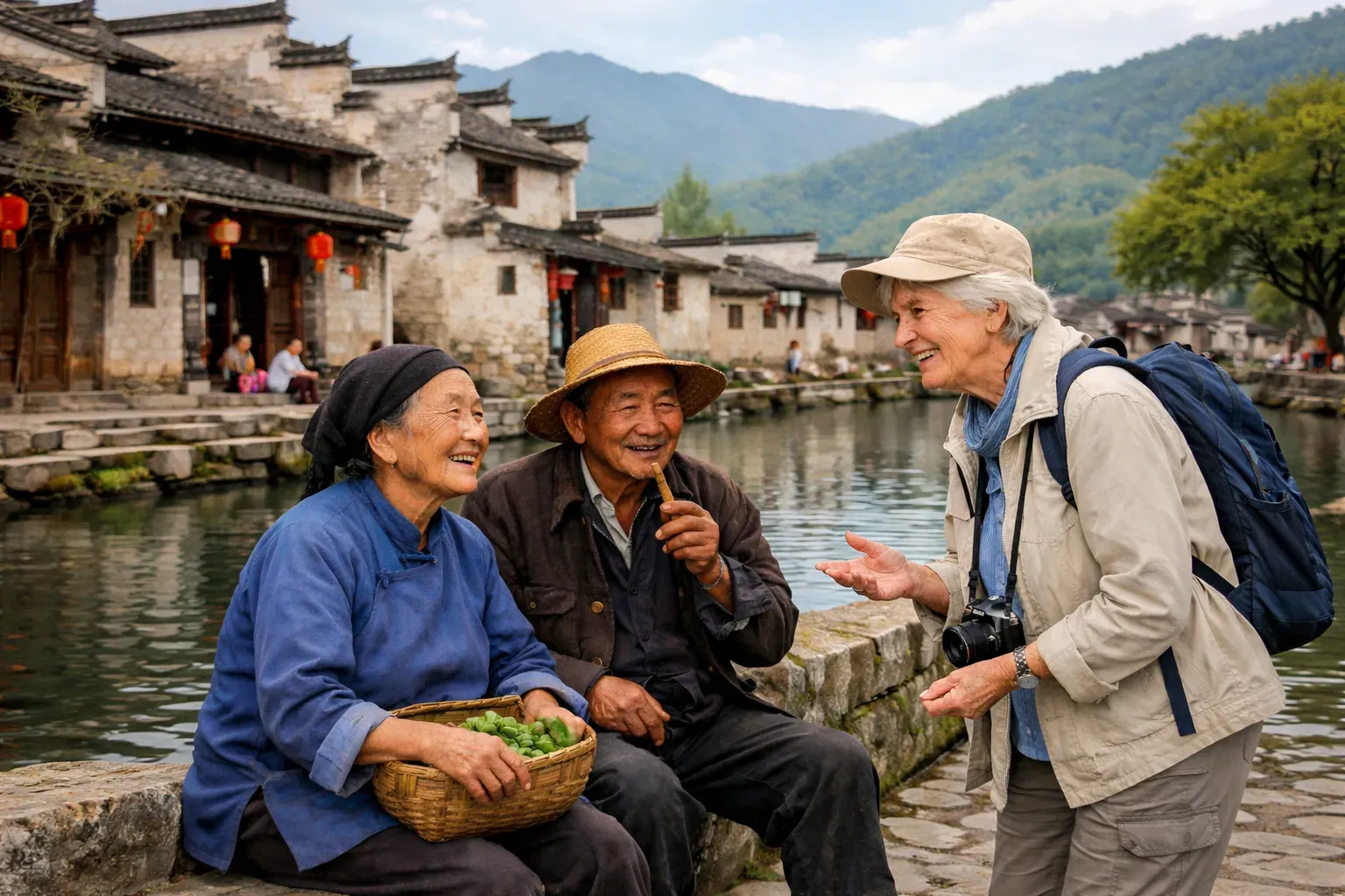 Une voyageuse âgée discute en souriant avec un couple âgé assis au bord d’un canal, dans un village de Chine